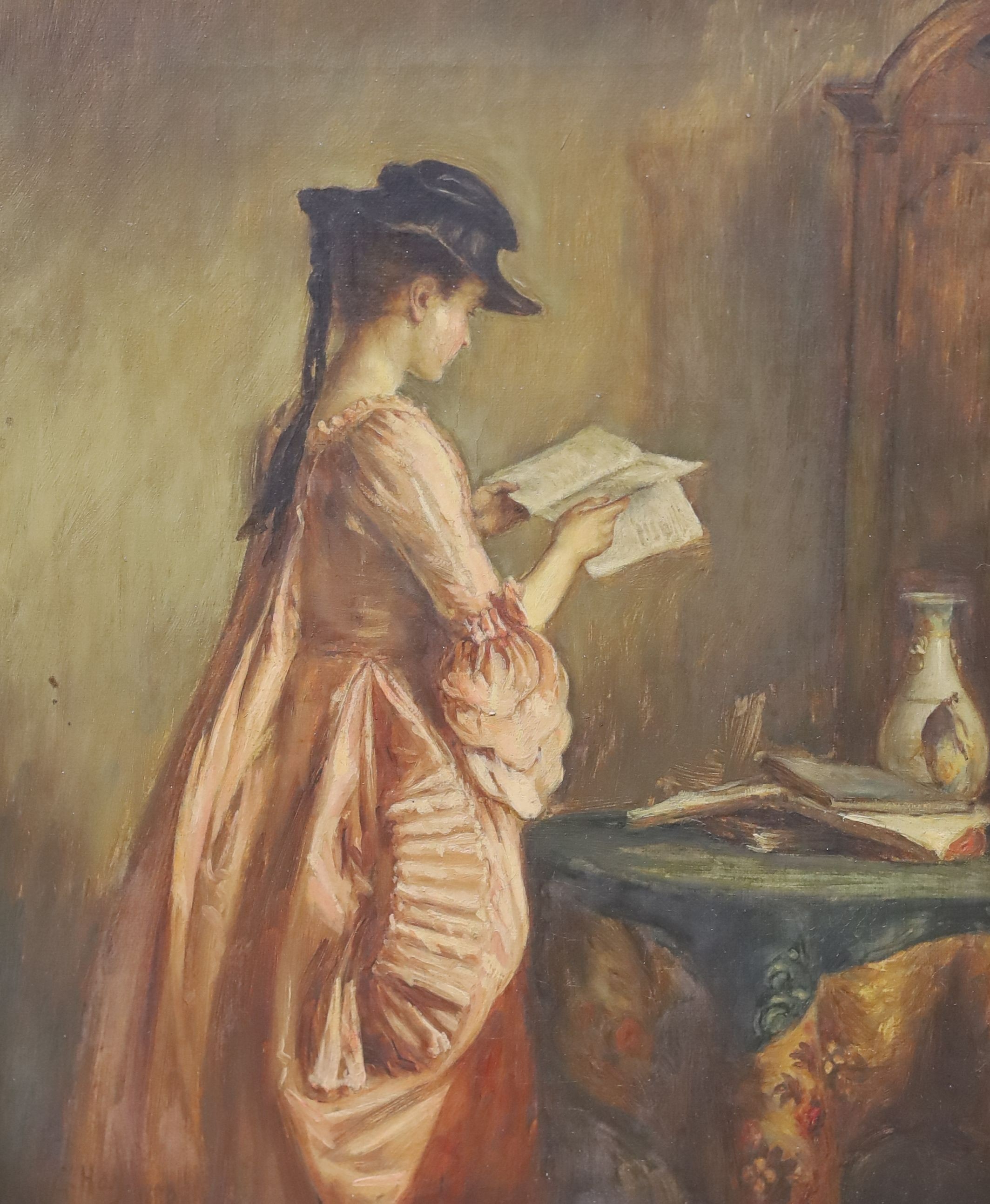 George Hay (1831-1913), oil on canvas, Interior with young lady reading a book, signed and dated 1880, 29 x 24cm